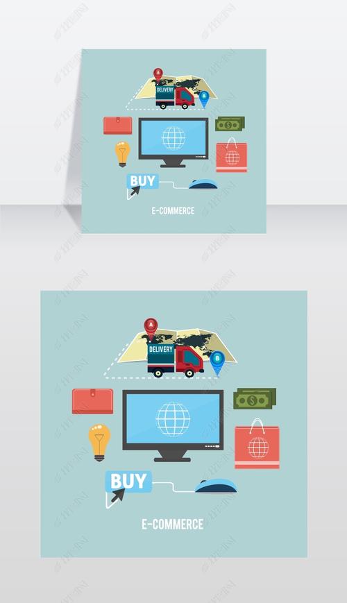 电子商务信息图的概念,通过互联网购买产品,移动购物通信和配送服务